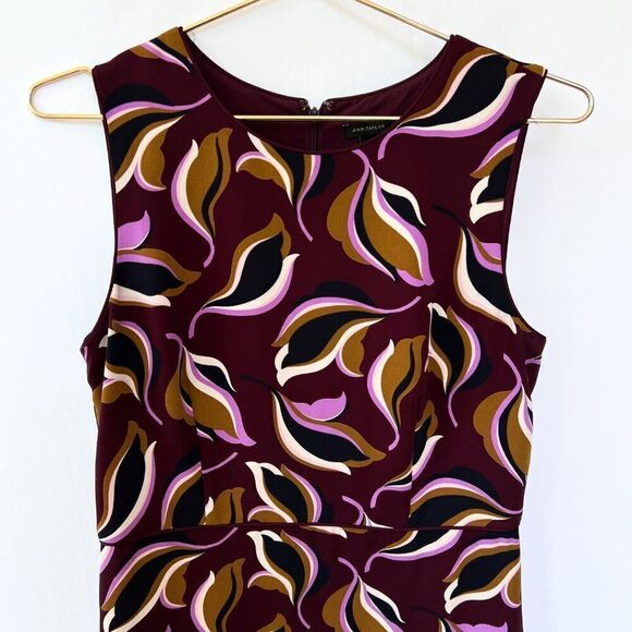 Ann Taylor Purple Burgundy Brown Leaf Print Sleeveless Professional Work Dress 6 - Picture 3 of 9